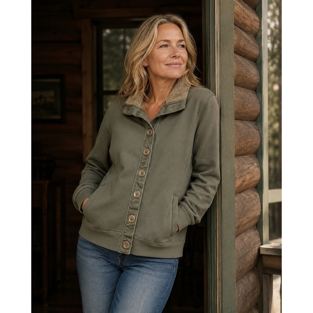 Orvis Women's Shacket Size L Army Green Sherpa Lined Pockets Rugged Cabincore